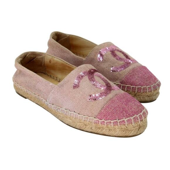 Chanel Espadrille 37 Leather Glitter Fabric Cc Cap Toe Flats CC-0220N-0040 - Picture 5 of 12